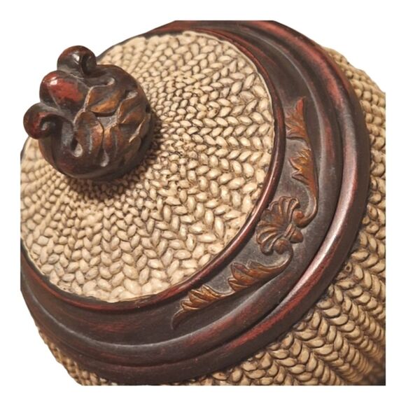 Ornate Lidded Jar Pedestal Spherical Finial Heavy Carved Woven Resin Urn Decor - Picture 3 of 16